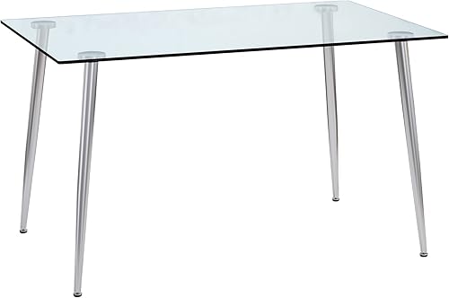 POULEII Mesa de comedor de cristal moderna mesa rectangular minimalista con mesa de vidrio templado y patas de metal cromado plateado para 4-6 mesa