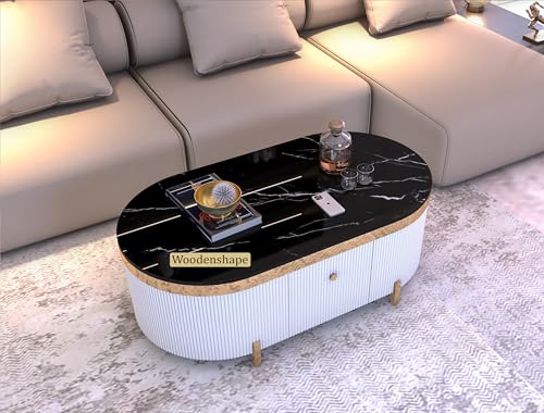 Image of Premium Marble-Top Center Table with One Storage Door and PVD Coated lron Legs and Coffee Table with Oval Design for Living Room and Entryway [ Modern coffee table ] ,42x24x18 Inch, (Black , white)