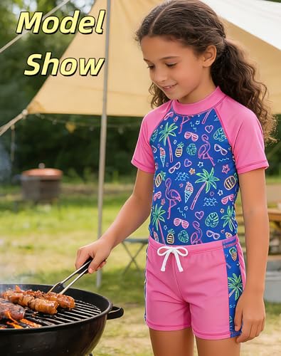 Image of Lovekider Girls Swimsuits Two Piece Rash Guard Set Short Sleeve Bathing Suit Liner Swimwear with Sun Protection 3-12T