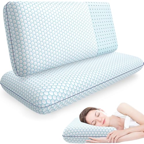 Memory Foam Pillows for Side, Back and Stomach Sleepers, Set of 2, Bed Pillow with Washable Cover and Breathable Mesh, Bed Pillow for Sleeping (Blue,King Size)