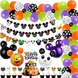 92 Pcs Mouse Halloween Party Kit Happy Birthday Banner Cake Topper Cupcake Toppers Balloon Arch for Mouse Theme Halloween Birthday Party Decorations