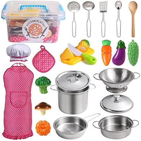 Juboury Kitchen Pretend Play Toys with Stainless Steel Cookware Pots and Pans Set, Cooking Utensils, Apron & Chef Hat, Cutting Vegetables for Kids, Girls, Boys, Toddlers Cover
