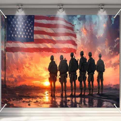 Image of Bliss Yard USA Patriotic Party Backdrop 8 x 6 Ft, American Flag Soldier Theme Banner, Independence Celebration Decor for Outdoor Yard Lawn Porch, Memorial Veterans Tribute Party Supplies