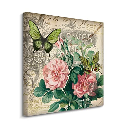 Toile murale encadrée avec motif floral et papillon rose rétro Yelolyio pour salon