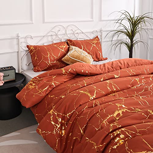 Smoofy Burnt Orange Comforter Queen Bed Set Marble Print Glitter Gold Bedding Set Luxury Shinny Terracotta Queen Comforter Set For Men Women Queen Size Bedding Set 3Pcs (1 Comforter, 2 Pillowcases) #TOP3