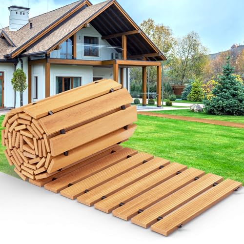 Mars Villa 8FT x 17IN Wooden Garden Pathway, Outdoor Roll Out Decorative Garden Walkway, Weather-Resistant Non-Slip Hardwood Walkway Pavers for Garden, Backyard, Beach, Wedding Party Pathways, Natural