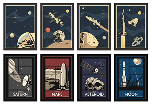 The Lazy Panda Card Company Weltraum Poster Set - 8 x A4 Vintage Universum Mit Kleinen Und Großen Astronauten