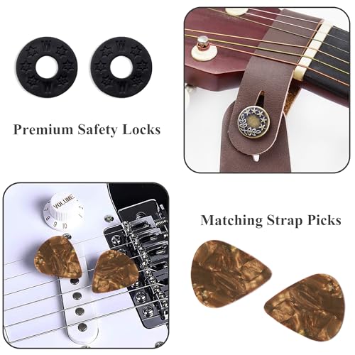 Image of Adjustable Guitar Strap Includes 2 Strap Locks & 2 Matching Picks & 1 Picks Holder & 1 leather Strap Button.