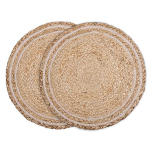 Image of Encasa XO Dining Table Mats Set of 2 | Jute Round Placemat - 32 cm Diameter | Off White & Jute Natural Bleach Color | Handmade Style Chargers for Dinner Plates