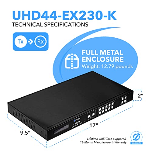 Orei Professional 4K 4X4 Hdmi Extender Matrix - Hdbaset Ultrahd 4K @ 60Hz 4:2:0 Over Single Cat5E/6/7 Cable With Hdr Switcher & Ir Control, Rs-232 - Up To 230 Ft - Loop Out - 4 Receivers Included #TOP4