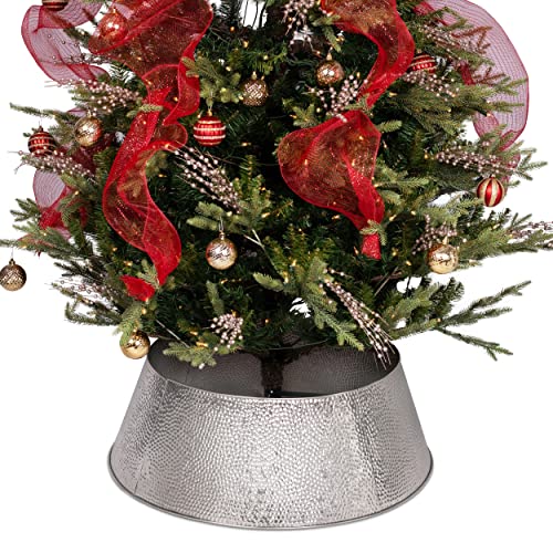 Birdrock Home 4-Panel Christmas Tree Collar - Hammered - Metal Holiday Skirt Decor - Water Base Protection From Pets - Silver #TOP6