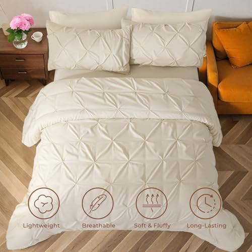 Sasttie Queen Comforter Set, 7-Piece Bed in a Bag, Pintuck Bedding Sets for All Season, Includes Comforter, Flat Sheet, Fitted Sheet, Pillowcases and Pillowshams, Beige - Image 3