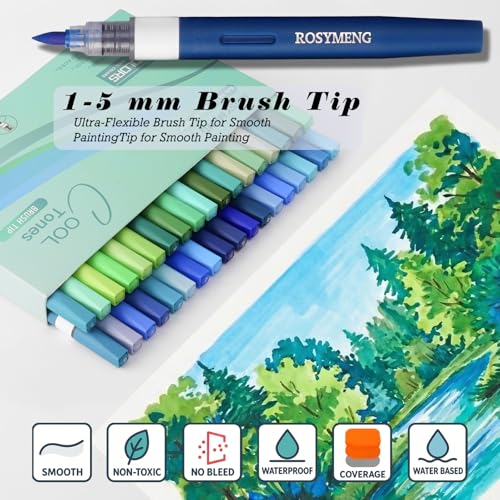 Image of ROSYMENG Green Blue Art Markers: 36 Colors Acrylic Paint Pen Set with Soft Brush Tip, Straight Liquid Quick-Dry Design, Drawing Supplies for Adult Coloring Books, Rock, Wood, Glass, Fabric