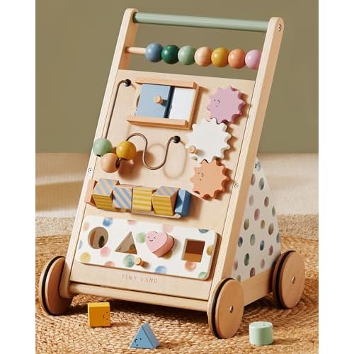 Tiny Land Wooden Baby Walker, Adjustable Speed Baby Push Walker for Boys and Girls, Montessori Activity Center Push Toy for Kids’ Development, Ideal Christmas Gift for Toddlers (Morandi)