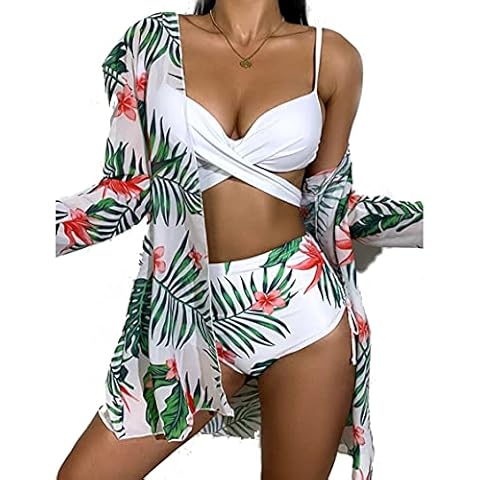 BRONG Womens High Waisted Bikini Set with Cover Up Push Up 3 Piece Womens Swimming Costumes Cover