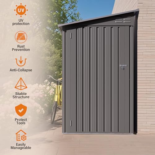Image of YOPTO 4x9 FT Outdoor Storage Shed,Lean to Metal Shed W /Window,All Weather Waterproof Garden Storage Shed W / 6 Air Vents & 1 Lockable Door,Weatherproof Tool House W /Sloped Roof,for Lawn,Gray