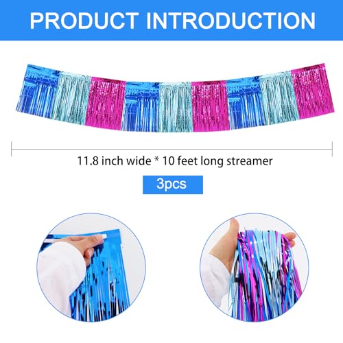 Image of BEISHIDA 3 Packs Metallic Foil Fringe Garland Mix Blue Pink Wall Hanging Tinsel Fringe Banners for Car Floats Birthday Baby Bridal Shower Wedding Graduation Holiday Party Decoration(30 Feet)