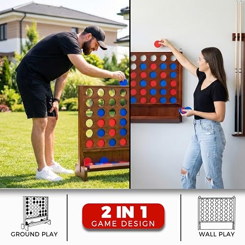 Image of Giant Wooden 4 in A Row Game with Folding Catch Tray, Wall-Mountable or Ground Play, Indoor Outdoor & Backyard Game, Includes Carry Case and Detachable Legs