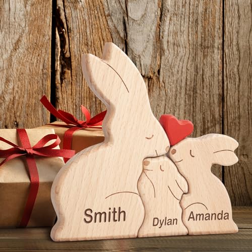 Puzzle Personalizzato con Famiglia di Coniglio in Legno con 1-8 nomi, We are One Animali Sculture Artistico, Decorativo per la Casa Regalo per Natale, Compleanno, Anniversario Festa Della Mamma e Papà