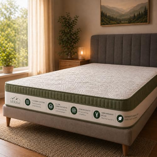 hERZtal 7-Zonen Taschenfederkernmatratze 22 cm H2-H5 Härtegrade beidseitiger Topper (weich/fest) ergonomisch & atmungsaktiv Oeko-TEX 30 Nächte Probeschlafen gerollt geliefert (70x200 cm H2)