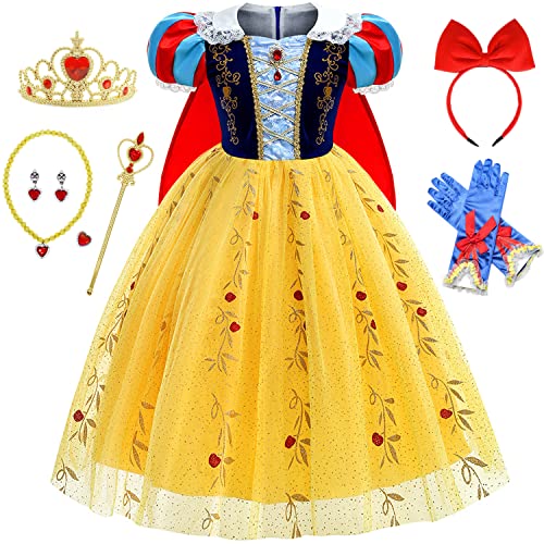 IWFREE Blancanieves Disfraz con Capa Niña Snow White Vestido de Princesa y Accesorios para Niños Cosplay Navidad Carnaval Halloween Cumpleaños Fiesta Tul Brillante Vestidos de Noche Edad 3-10 años