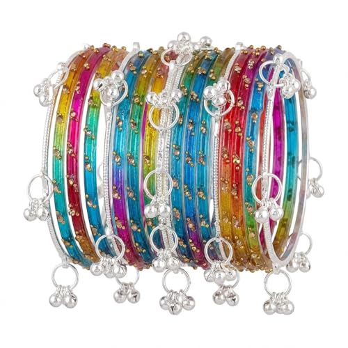 Image of MM Jewls Multicolor Glass Bangles Set Size with Silver Ghungroo Charms | Designer Ethnic Indian Chudi for Women | Party, Festive & Wedding(Pack of 18)