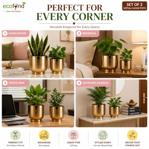 Image of ecofynd 2 Pack Metal Plant Pots (7 inch, 8 inch L), Indoor Small Planter Flower Pots, Home Garden Decor Planter for Living Room Bedroom Interior (Gold Finish, POT049)