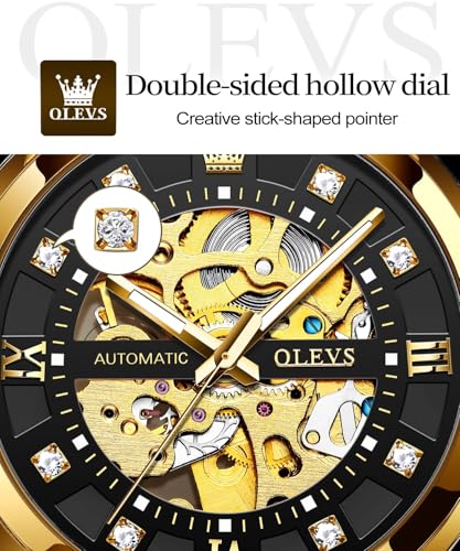 Image of OLEVS Men's Gold Skeleton Watch Automatic Mechanical self Winding Luxury Dress Stainless Steel Waterproof Luminous Wrist Watches