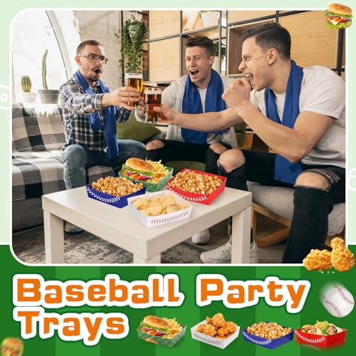 Image of Teling 36 Pcs Large Baseball Plates Party Trays 5 Lb Food Boat,4 Colors | Paper Plates with Baseball Designs, Holds Nachos Burgers Fries, For Softball Birthday Party Supplies, Serving Snack Boats