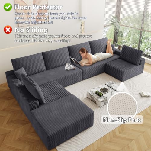 Image of Oversized Modular Sectional Sofa Couch,Large 7 Seater Corner Sofa Modern U Shaped Sectional Couch with Ottoman Cloud Couches for Living Room,Office,Spacious Space,Corduroy,No Assembly,Dark Grey