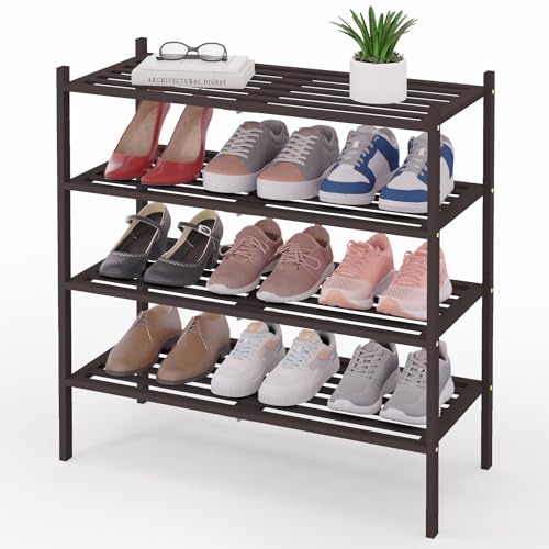 Image of Smiry Bamboo Shoe Rack, 5 Horizontal Slats, 4 Tier - 26.8 inch Wide, Brown
