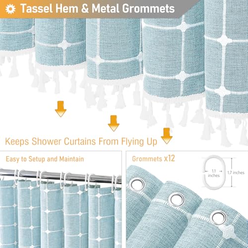 Image of BTTN 78 Inch Long Shower Curtain - Boho Farmhouse Linen Ultra Thick Fabric Shower Curtain Set with Plastic Hooks, Tall Rv Rustic Country Weighted Cloth Shower Curtains for Bathroom - Fog Blue - 72x78