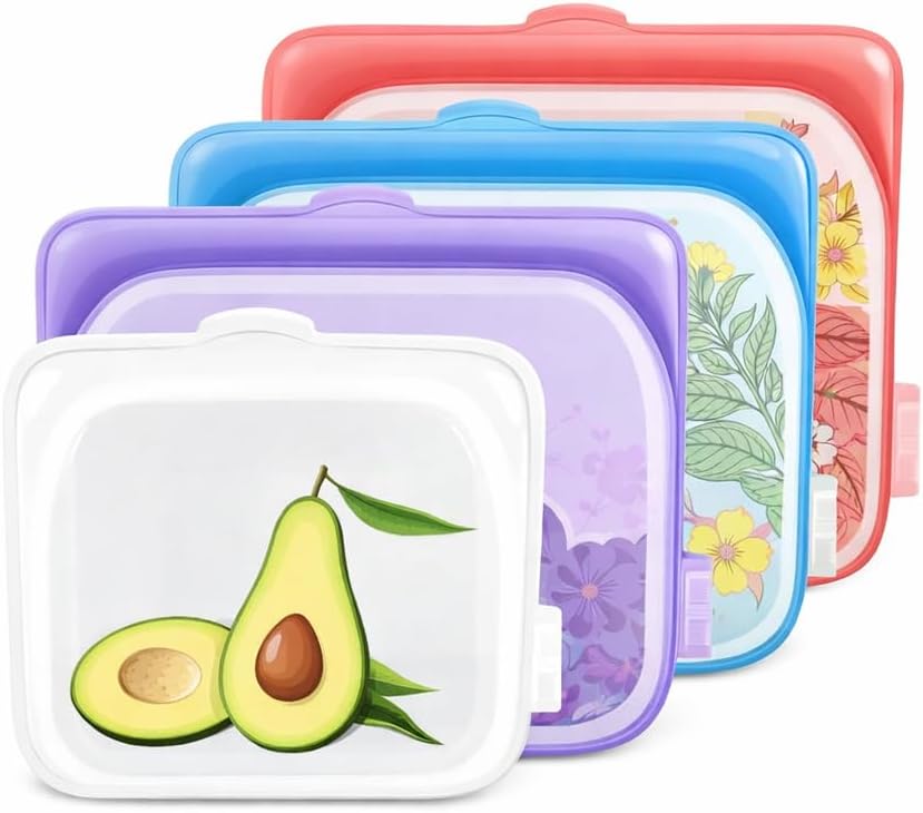 Silicone Reusable Storage Bags, 4-Pack, BPA Free, Leakproof, Multicolor, for Food, Meal Prep, Microwave and Dishwasher Safe