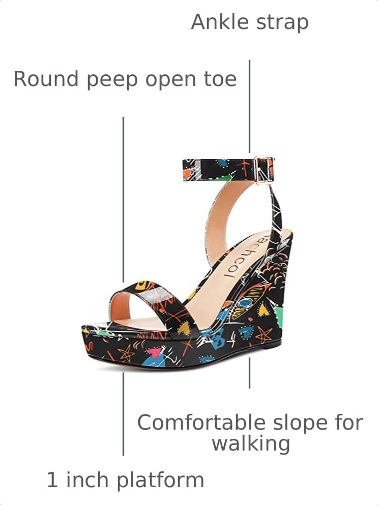 Image of Aachcol Women Platform Wedge Sandals Round Peep Open Toe Ankle Strap Slingback Two-Piece Chunky Block High Heel Dress Shoes Pumps Party Patent 4 Inch