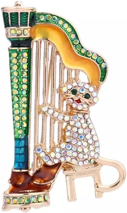 Harp Pin Brooch, Cat Playing a Harp Brooch, Colorful Rhinestone Pin, Lapel Pin, Music Cat, Musician or Music Lover Brooch, 2 Inches Tall