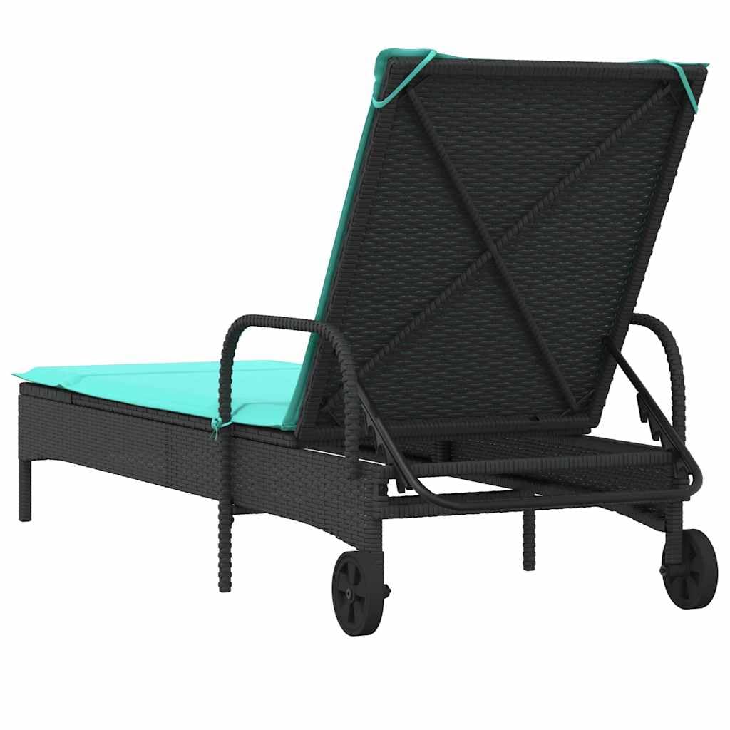Lettino prendisole con ruote, lettino da giardino in polyrattan con schienale regolabile e comodo cuscino, mobili da giardino per terrazza e balcone, 61 x 200 cm, nero/turchese