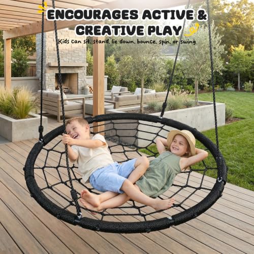 Image of Trekassy 40 inch Spider Web Saucer Tree Swing for Kids & Adults - Black | 750lbs Heavy Duty Steel Frame, 2 Hanging Straps, Durable Outdoor Net Swings for Outside, Easy Assembly for Backyard Fun