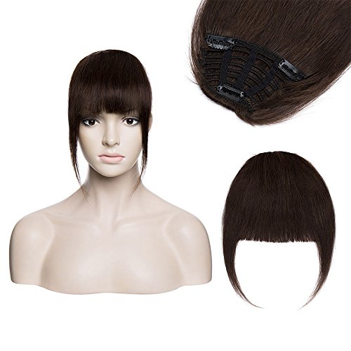 Hair Bangs Clip in Remy Human Hair Extensions One Piece Straight Thick Hair Piece Accessories Full Fringe for Women Dark Brown #2