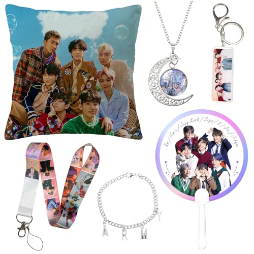 PfirstDa Artículos Fans de BTS, 6PCS BTS Merch Gifts Set, Cubierta de almohada Llavero Pulsera Collar Ventilador Cuerda Colgante para Fans K-pop