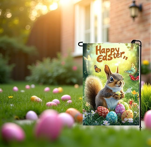 Happy Easter Garden Flags for Outside 12x18 Double Sided, Small Burlap Squirrel Eggs Floral Garden Flag Easter Holiday Outdoor Yard Decorations - Image 2
