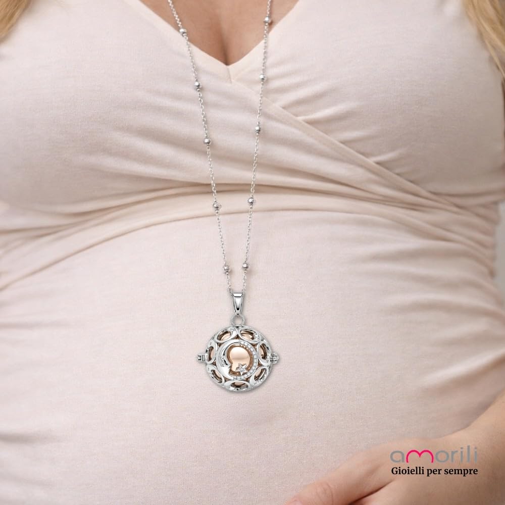 Collana Chiama Angeli Donna Gravidanza Bronzo Placcato Argento – Ciondolo Luna e Stella con Zircone Centrale – Gioiello Premaman Scintillante Luccicante – Idea Regalo Dolce Attesa - cll0996