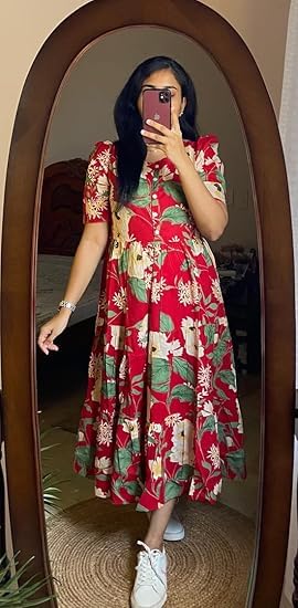 Image of Women's Floral Printed Tiered Midi Dress, Puff Sleeves, Square Neck, Button-Front