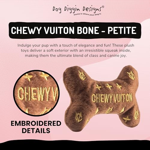 Dog Diggin Designs Chewy Vuiton Plush Dog Toy Bone | Luxury-Inspired Parody Designer Bone with Squeaker, Soft Plush Chew & Play Dog Toy – Prêt-à-Porter Play! - Image 4