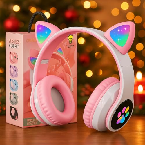 Image of Bluetooth Noise Cancelling Headphones for Kids,Foldable Cat Headphone with LED Light Up Ear,Cat Ear Headphones for Toddler with Microphone /TF Card,Kids Bluetooth Earphones for ipad