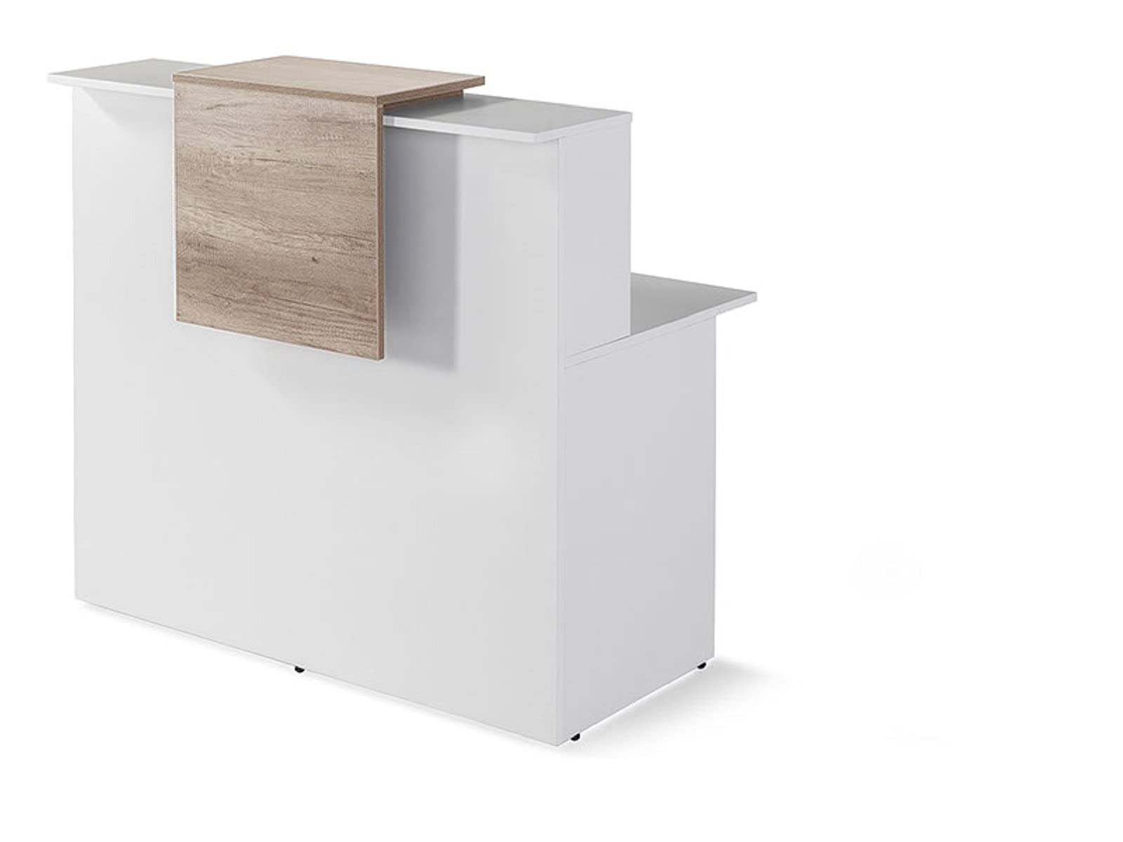 Mostrador 120 cm. Blanco con Mesa de Trabajo, Recepción, Profesional, Entrega rápida, Medida 120x74x115 cm. Sobremostrador Color Olmo. Ideal Oficina, peluquerías y Cualquier Tipo de establecimiento.