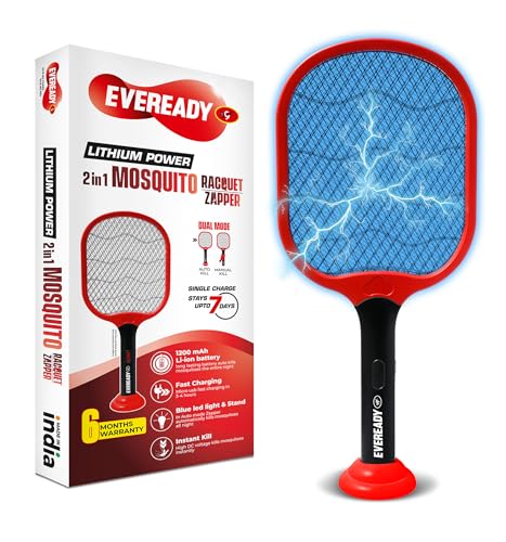 Image of EVEREADY GIVE ME RED 2in1 Mosquito Racquet | Lithium Powered| 1200MAh|Fast Charging USB - C | UV LED Light and Stand | Made in India