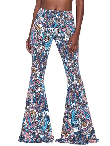 Women High Waisted Fit Flare Ethnic Paisley Floral Bell Bottoms Yoga Pants S