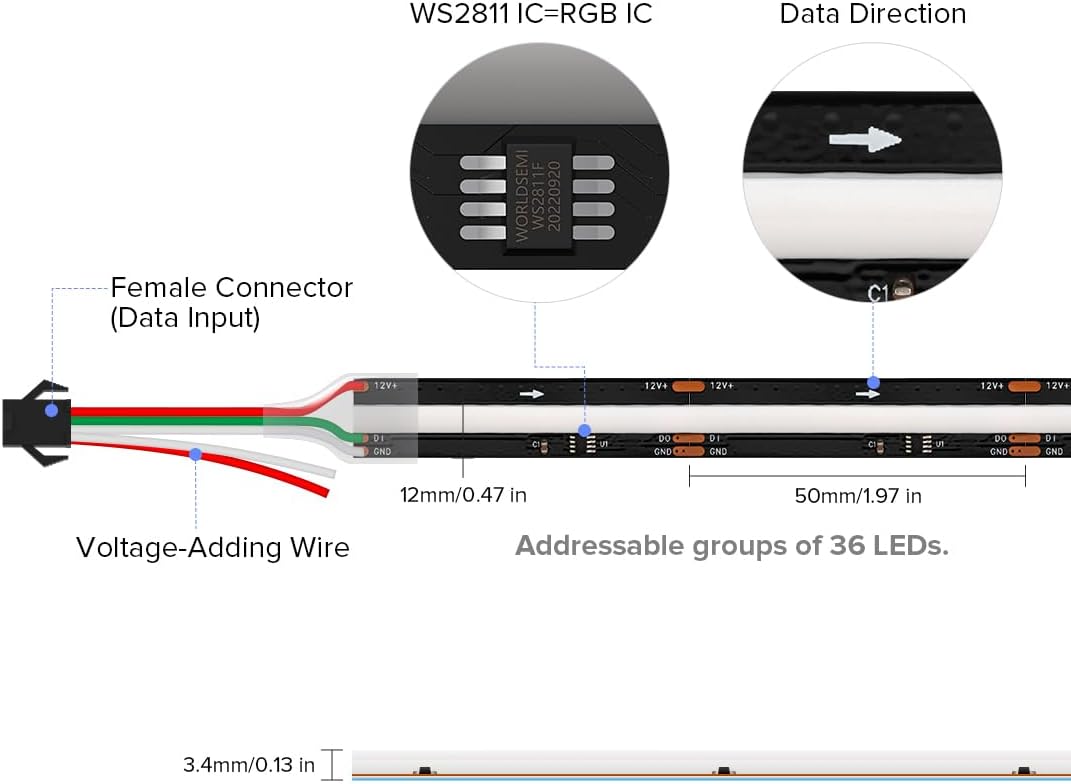 WS2811 COB Smart IC RGB LED Strip 16.4FT, 12V Flexible High Density Uniform Chasing Color Addressable Light 720LED/m 12mm Width Black PCB for Home Indoor Decor, No Power Supply/Controller