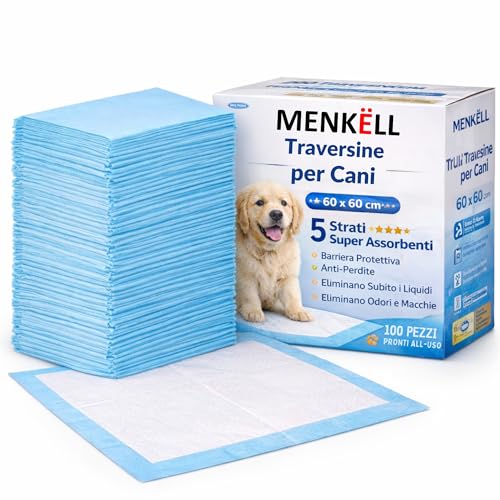 100 Traversine Cani Igieniche 60x60 cm – 5 Strati Super Assorbenti con Gel, Asciugatura Rapida, Senza Perdite, E Inodore per Cuccioli e Cani Anziani, Casa e Auto