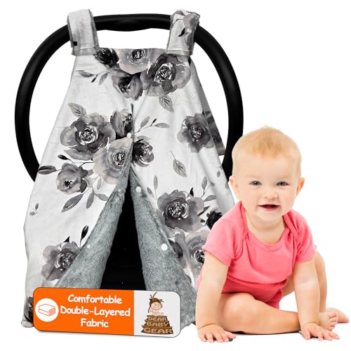 Image of Dear Baby Gear - Car Seat Canopy, Infant Carrier Cover for Boys & Girls, Cozy Fall Baby Shower Gift, Nursing & Stroller Use, Newborn Travel Sunshade Accessory, Monochrome Gray Floral
